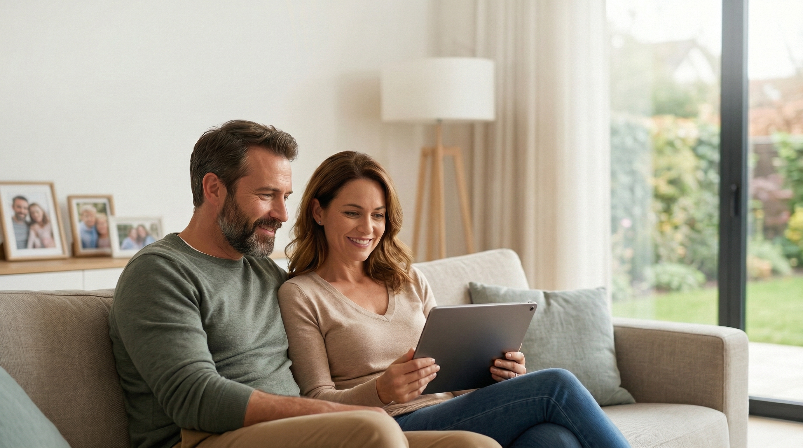 A family couple smiling together while looking at a tablet in a bright living room