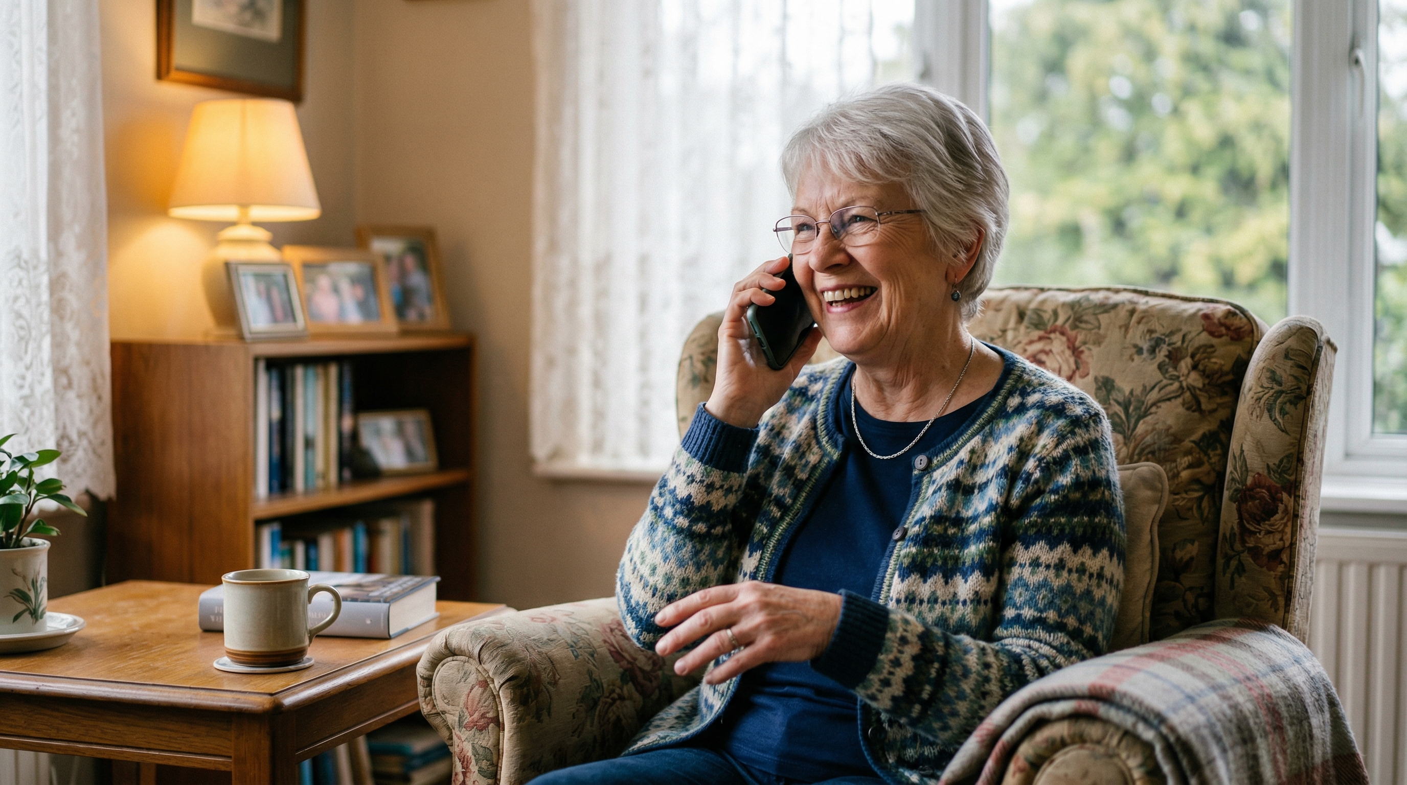 A smiling older woman sitting in a cozy armchair while talking on the phone